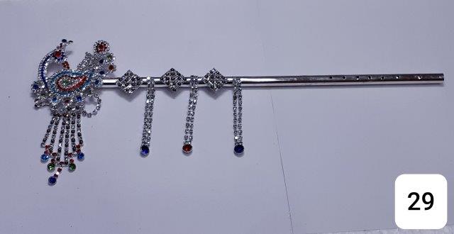 GOLDEN /SILVER 12'' PEACOCK SHAPED MULTICOLOR WITH HEAVY HANGINGS BANSURI. GOLDEN /SILVER 12'' PEACOCK SHAPED MULTICOLOR WITH HEAVY HANGINGS BANSURI.